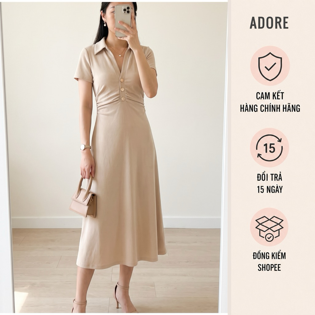 Đầm midi be/navy cổ V nhún sườn ADORE 611DR2007