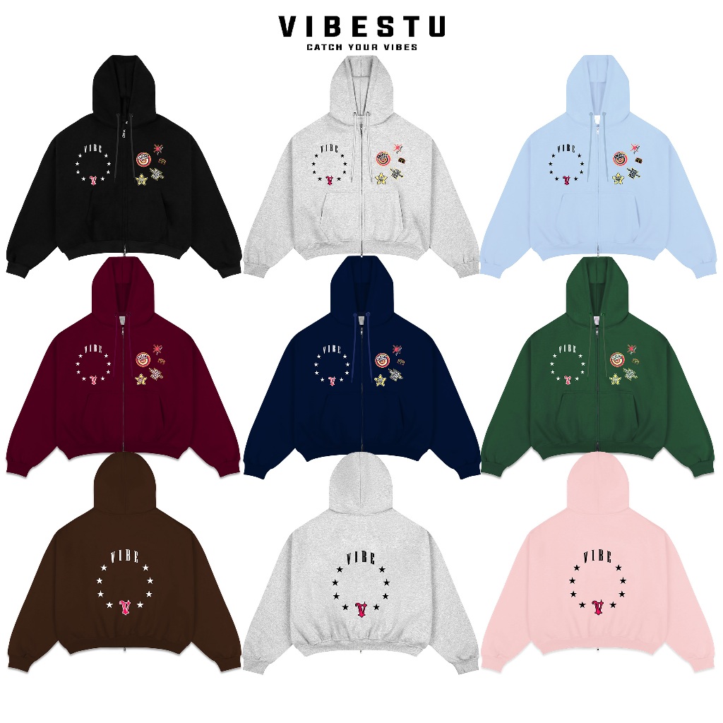 Áo Hoodie Zip 2 Chiều Có Túi Trong - Áo Khoác Hoodie Nỉ 2 Da Form Boxy VIBESTU Star