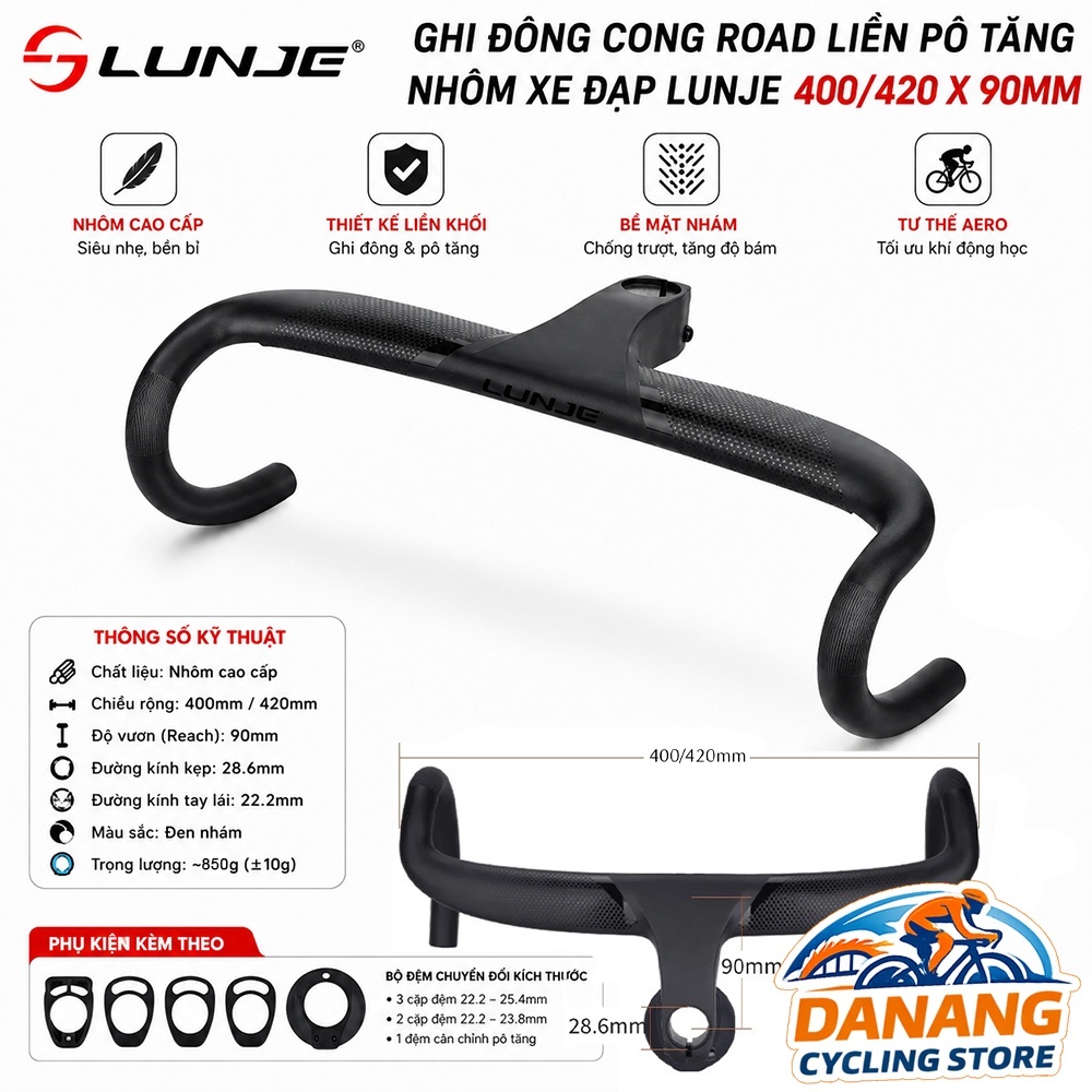 Ghi Đông Cong Road Xe Đạp Liền Pô Tăng Nhôm LUNJE 400/420 x 90mm – Cứng Cáp, Tối Ưu Khí Động Học