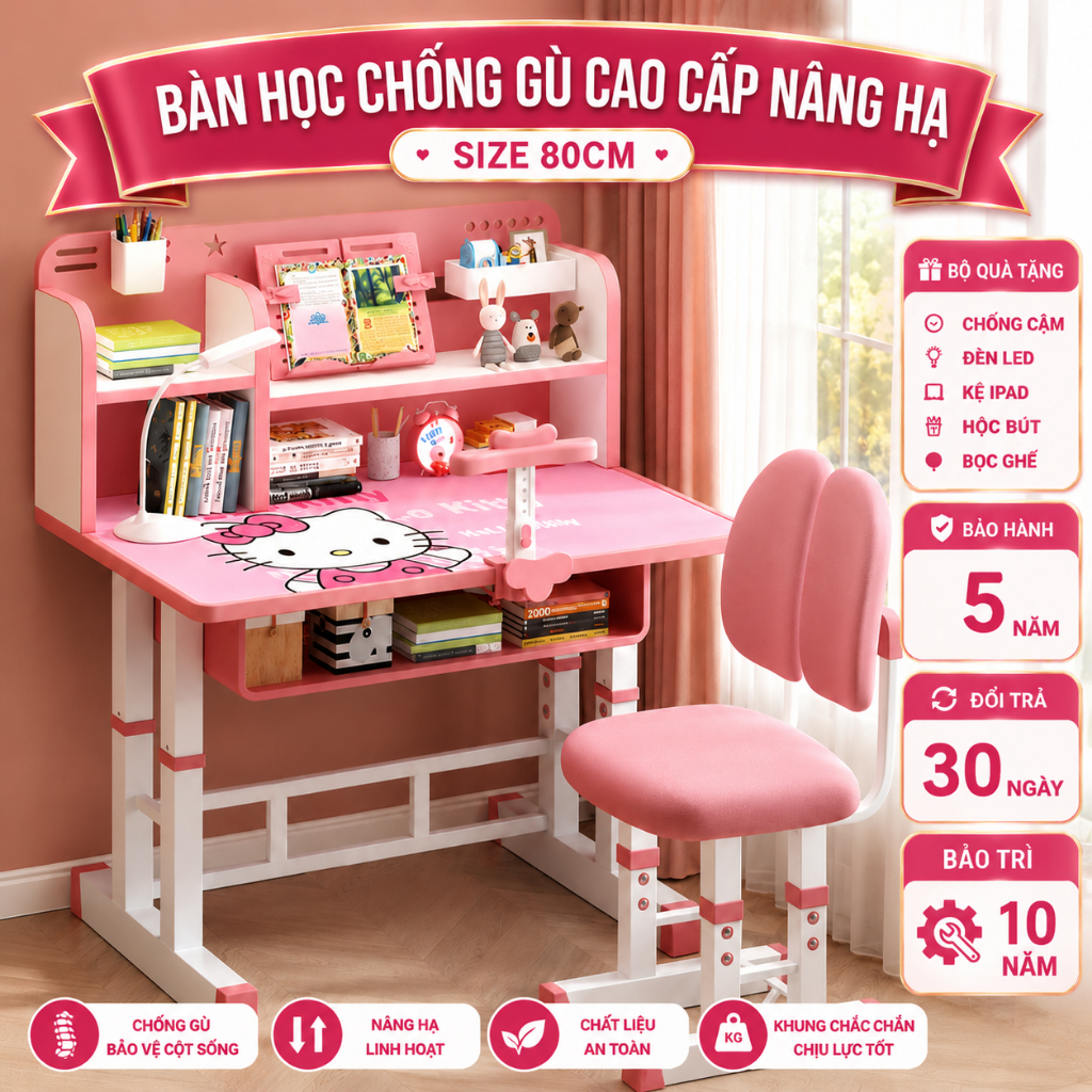 ( Bộ quà 5 món) Bộ bàn ghế E02 cho bé cao cấp chống gù cho bé nâng hạ chiều cao kệ sách thông minh