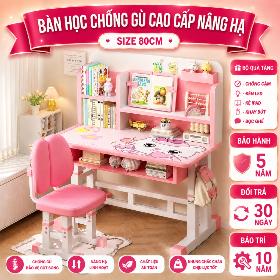 Bộ bàn học cho bé E03 , bàn học chống gù size lớn 80cm nâng hạ độ cao bàn và ghế cao cấp