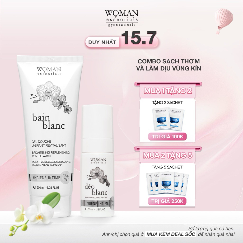 [ Combo 2 Chai ] Woman Essentials Gel Vệ Sinh Bain Blanc 200ml & Xịt Khử Mùi Déo Blanc 35ml - Chăm S