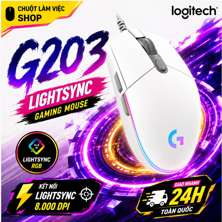 Chuột chơi game có dây Logitech G203 chính hãng, 8000DPI, hiệu ứng quang học cầu vồng thích hợp chơi