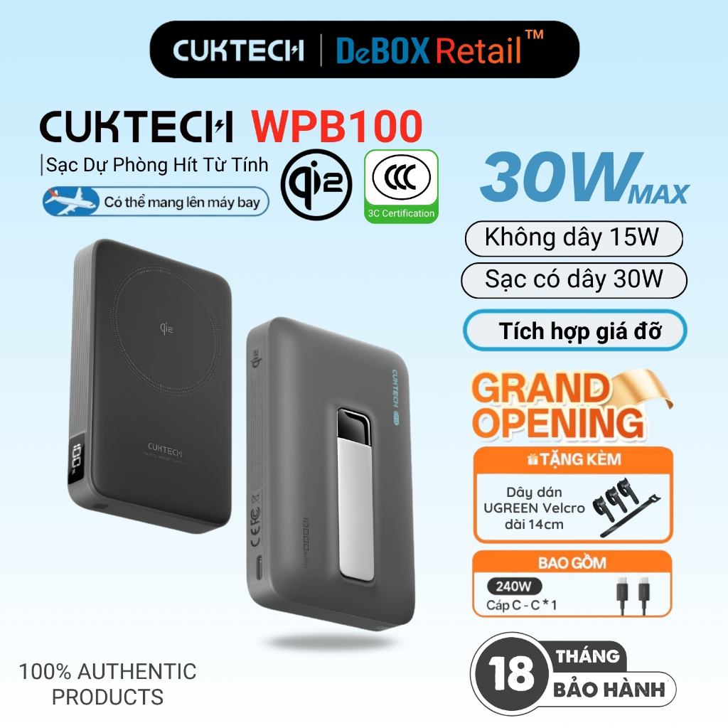 Pin Sạc dự phòng không dây từ tính Qi2 CUKTECH CP13 USB-C 30W dung lượng 10000mAh | WPB100 Bảo hành 