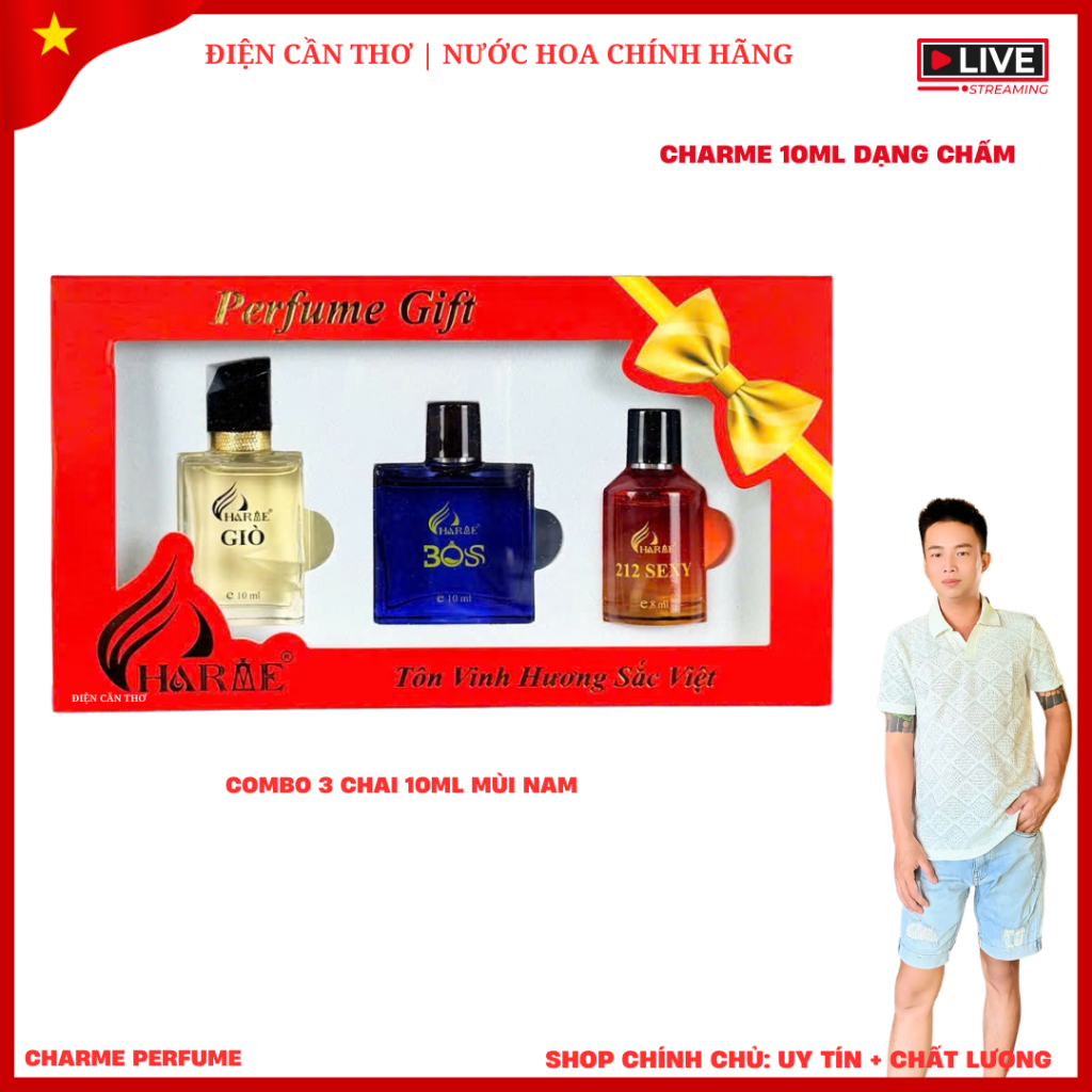 Set 3 chai nước hoa Charme nam, 3 chai mini 10ml dạng chấm: charme giò, charme boss, charme 212, chí