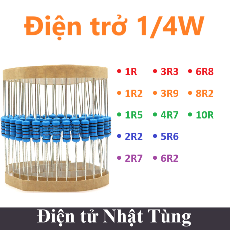 Điện trở 1/4W +-5% 5 vòng màu, giá trị 1R 1R2 1R5 2R2 2R7 3R3 3R9 4R7 5R6 6R2 6R8 8R2 10R