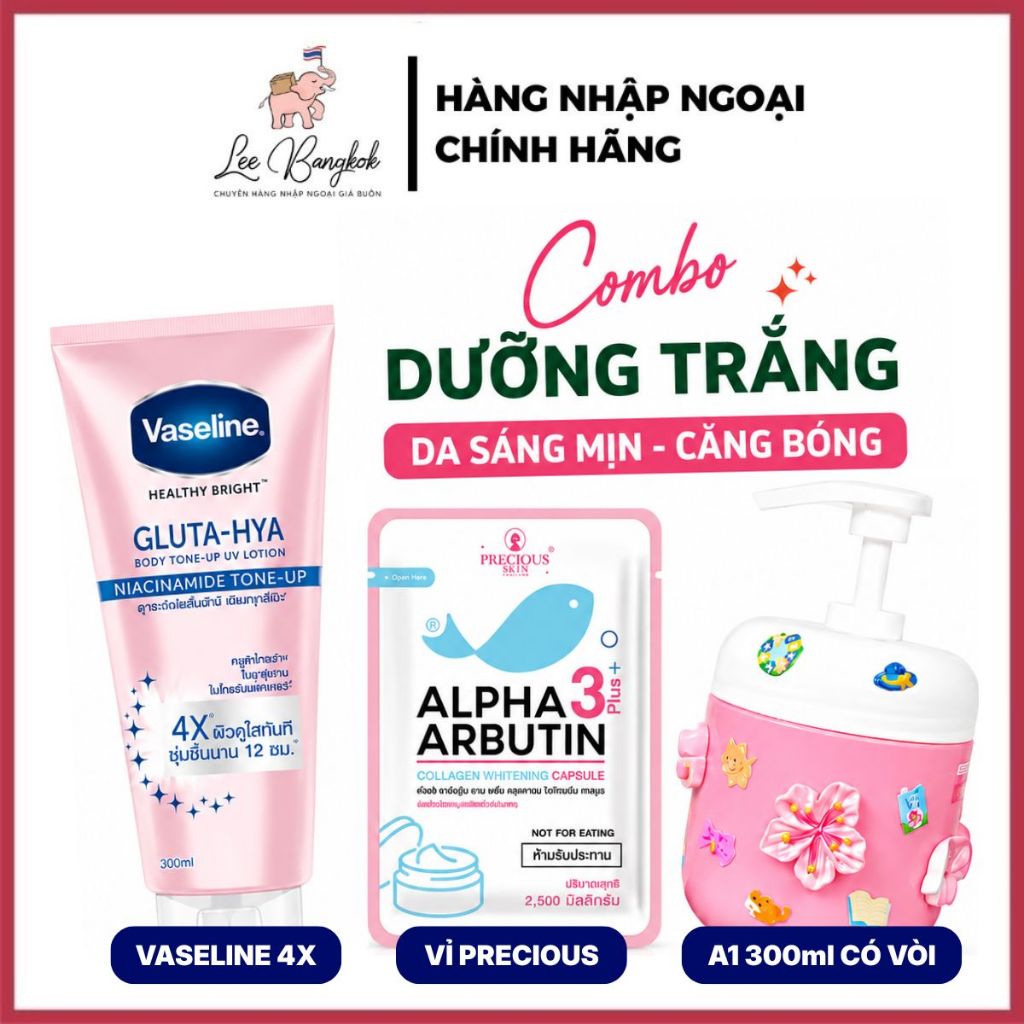 [Made in Thailand] Combo Mix Trắng Da Vaseline 4X - 70X Hồng + Viên Kích Trắng + Hũ Trộn Kem Trắng N
