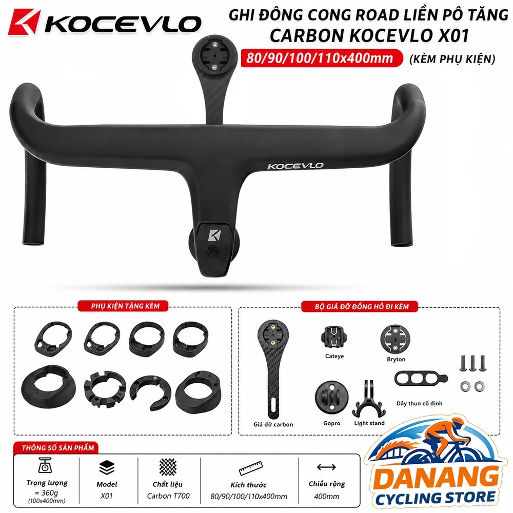 Ghi Đông Cong Road Liền Pô Tăng Carbon KOCEVLO X01 – 80/90/100/110x400mm, Siêu Nhẹ, Cứng Cáp, Kèm Phụ Kiện