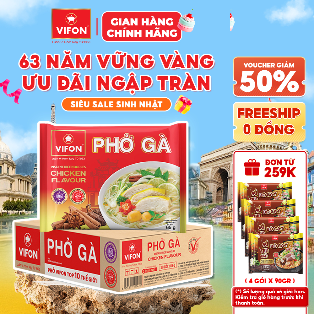 [VOUCHER HOT 10%] Thùng 30 Gói Phở Gà VIFON 65g / Gói