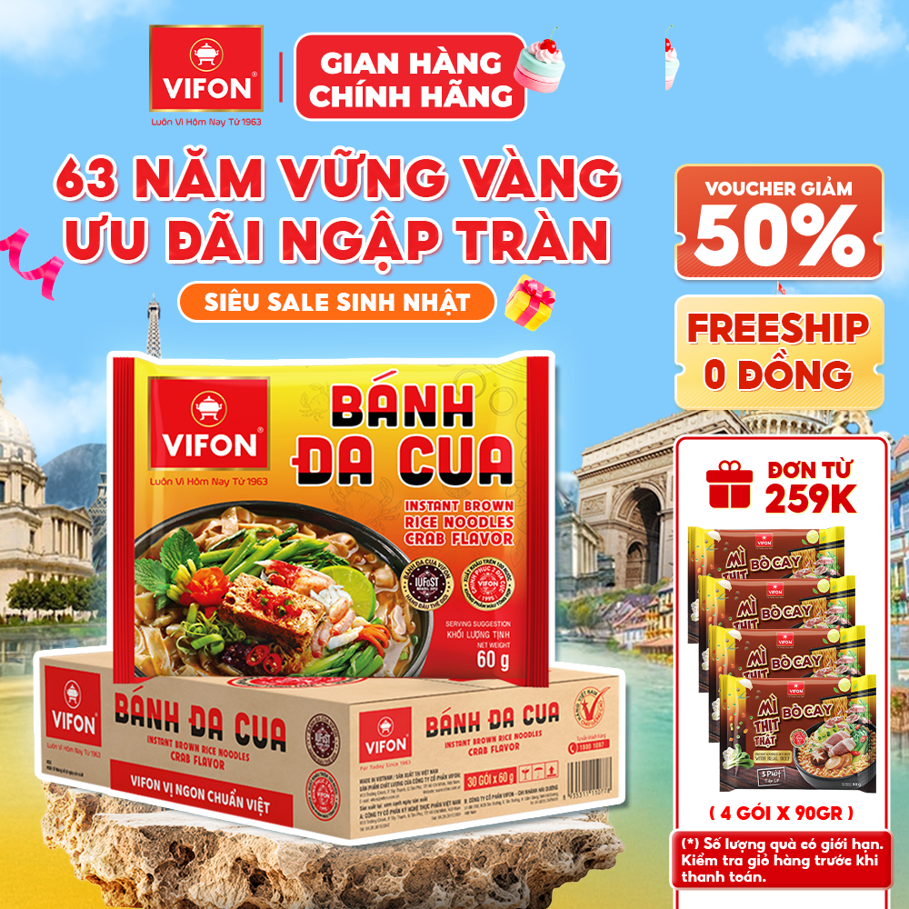 [VOUCHER HOT 10%]Thùng 30 Gói Bánh Đa Cua VIFON 60g Vị Cua Đồng Sợi Dai Đạt Giải Quốc Tế