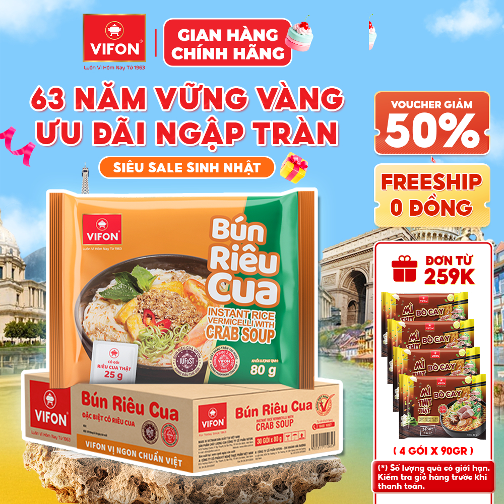 [VOUCHER HOT 10%] Thùng 30 Gói Bún Riêu Cua VIFON 80g Có Gói Riêu Cua Thật Sợi Bún Dai Mềm