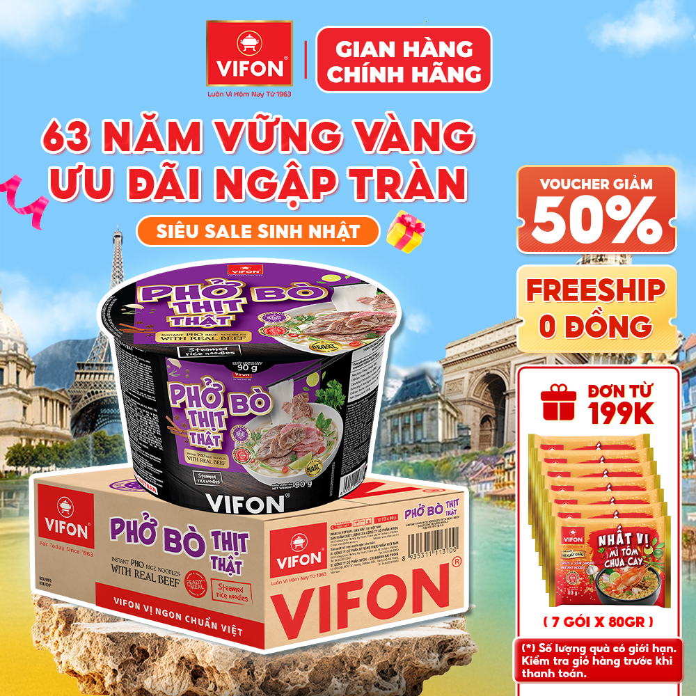 [VOUCHER HOT 10%] Thùng 12 Tô Phở Bò/ Phở Gà Thịt Thật VIFON 90gr Tiện Lợi và Đủ Dinh Dưỡng