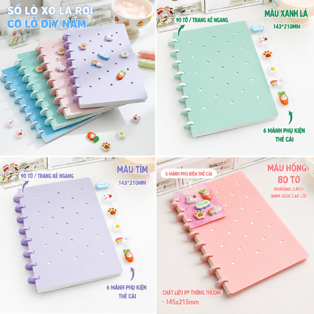 Sổ Tay Lò Xo A5 Lá Rời DIY Gắn Charm, Bullet Journal, Notebook Cute Cho Học Sinh, Sinh Viên