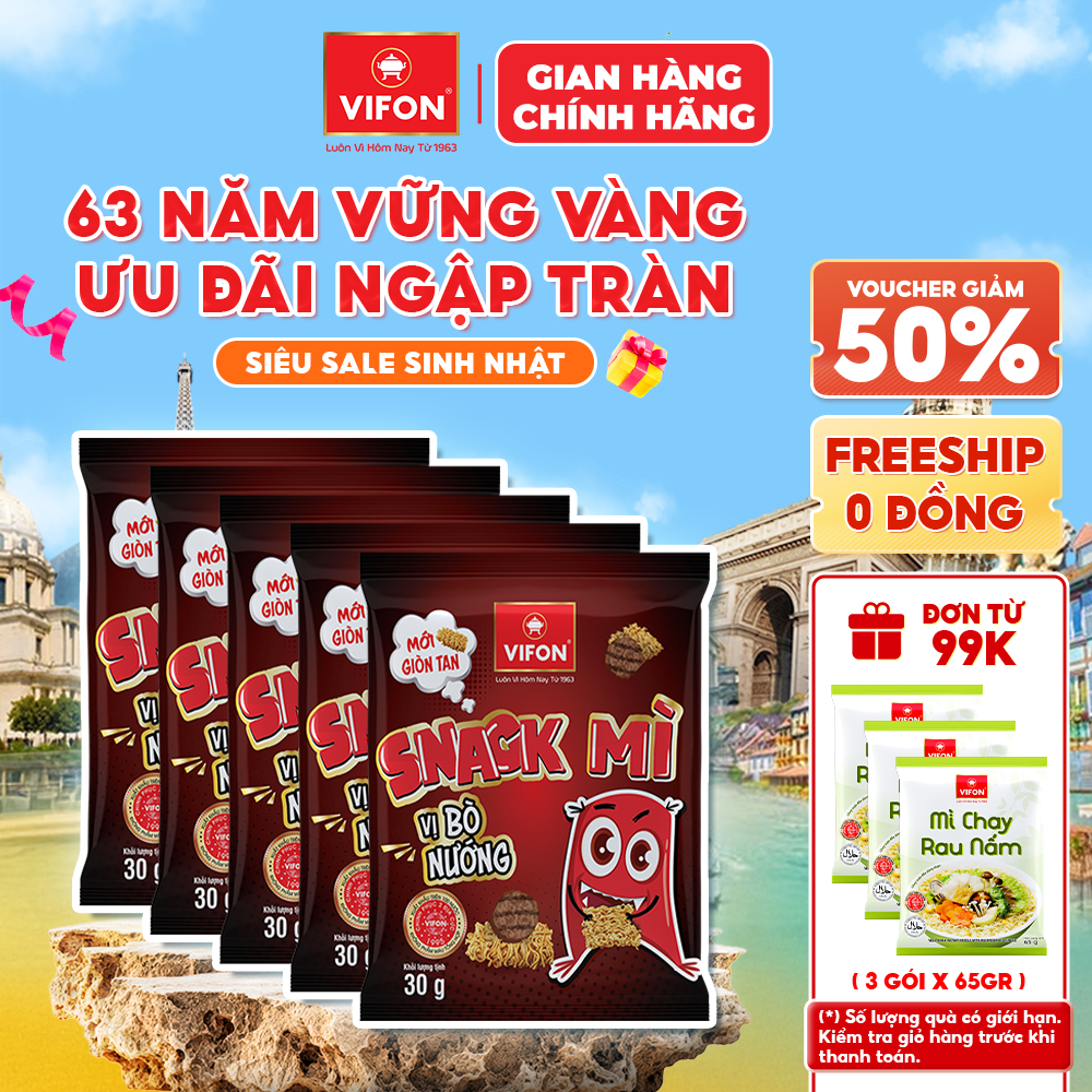 [VOUCHER HOT 10%] Set 5 Gói Snack Mì Vị Bò Nướng/Hải Sản/Phô Mai VIFON - Đậm Đà, Giòn Xốp, 30g/Gói