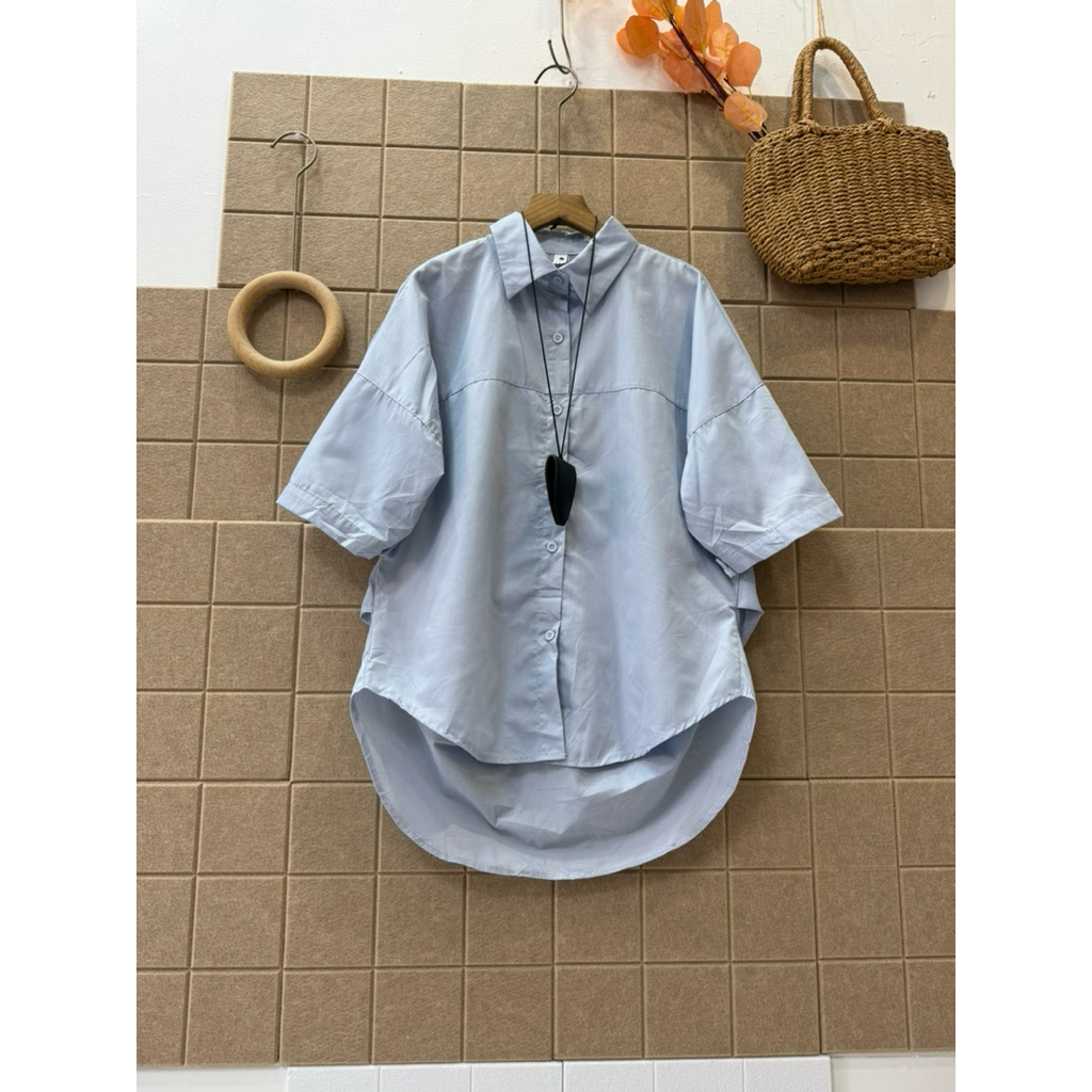 Áo sơ mi Korea phom mulet đẹp mới xanh pastel size L fit XL