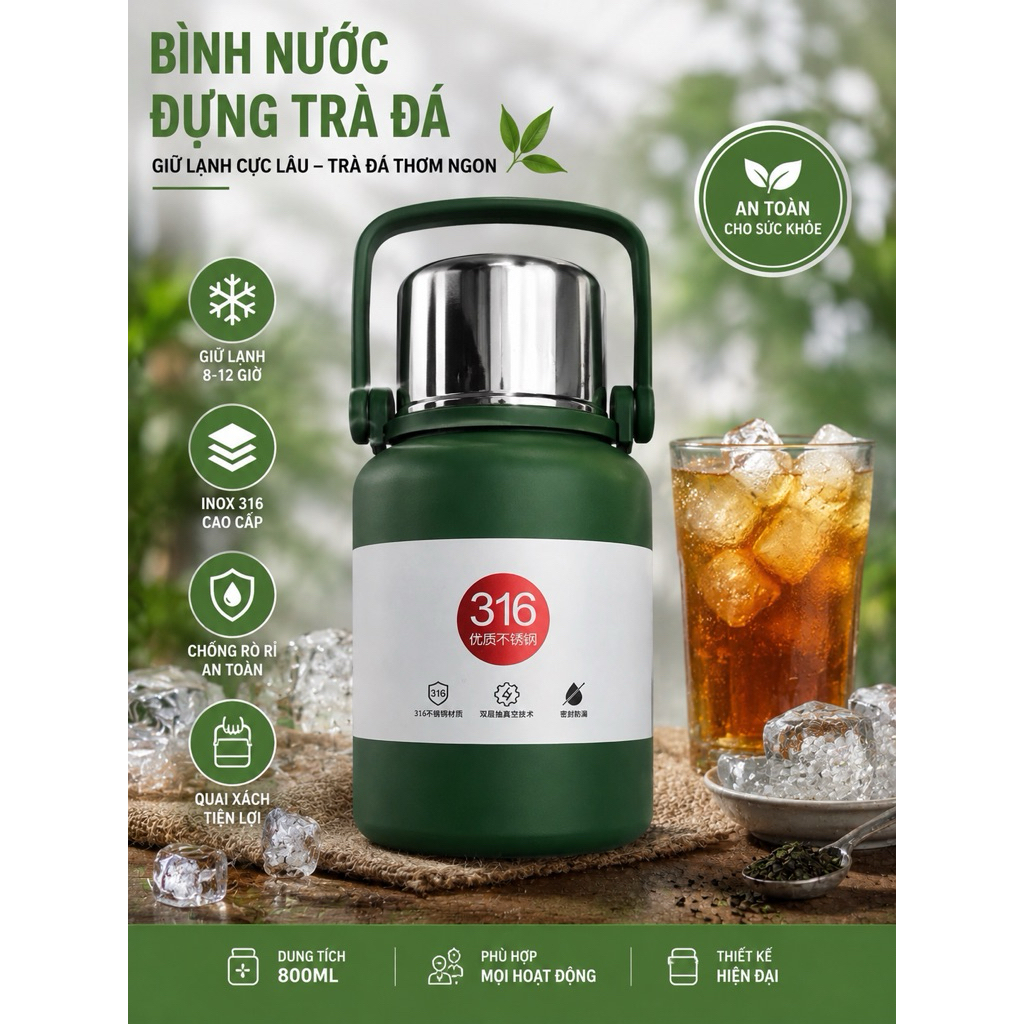 Bình giữ nhiệt INFINITE Inox 316 cao cấp – Giữ nóng/lạnh lâu, quai xách tiện lợi, chống rò rỉ