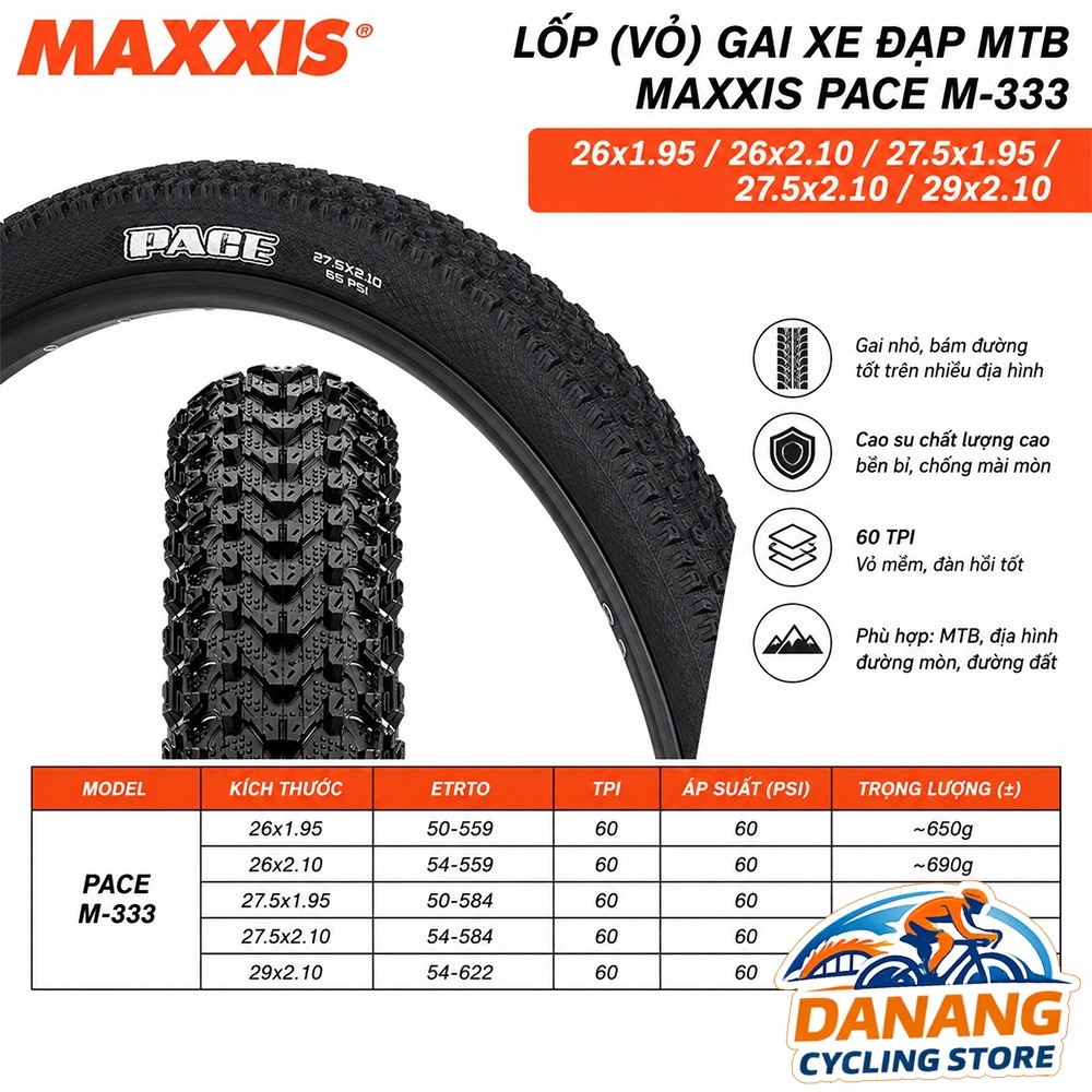 Lốp (Vỏ) Gai Xe Đạp MTB MAXXIS PACE M-333 26x1.95 / 26x2.10 / 27.5x1.95 / 27.5x2.10 / 29x2.10 – Chính Hãng, 1 Cá