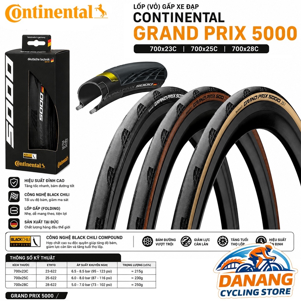 Lốp (Vỏ) Gấp Xe Đạp Road Continental Grand Prix 5000 GP5000 700x23C / 700x25C / 700x28C – Chính Hãng