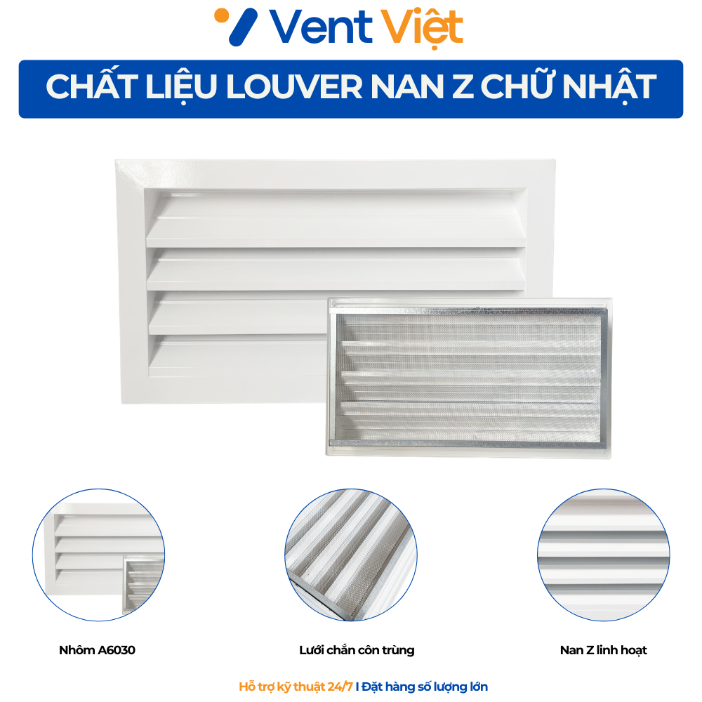 Cửa gió nan Z chữ nhật (Louver) nhôm chống hắt mưa, kèm lưới chắn côn trùng