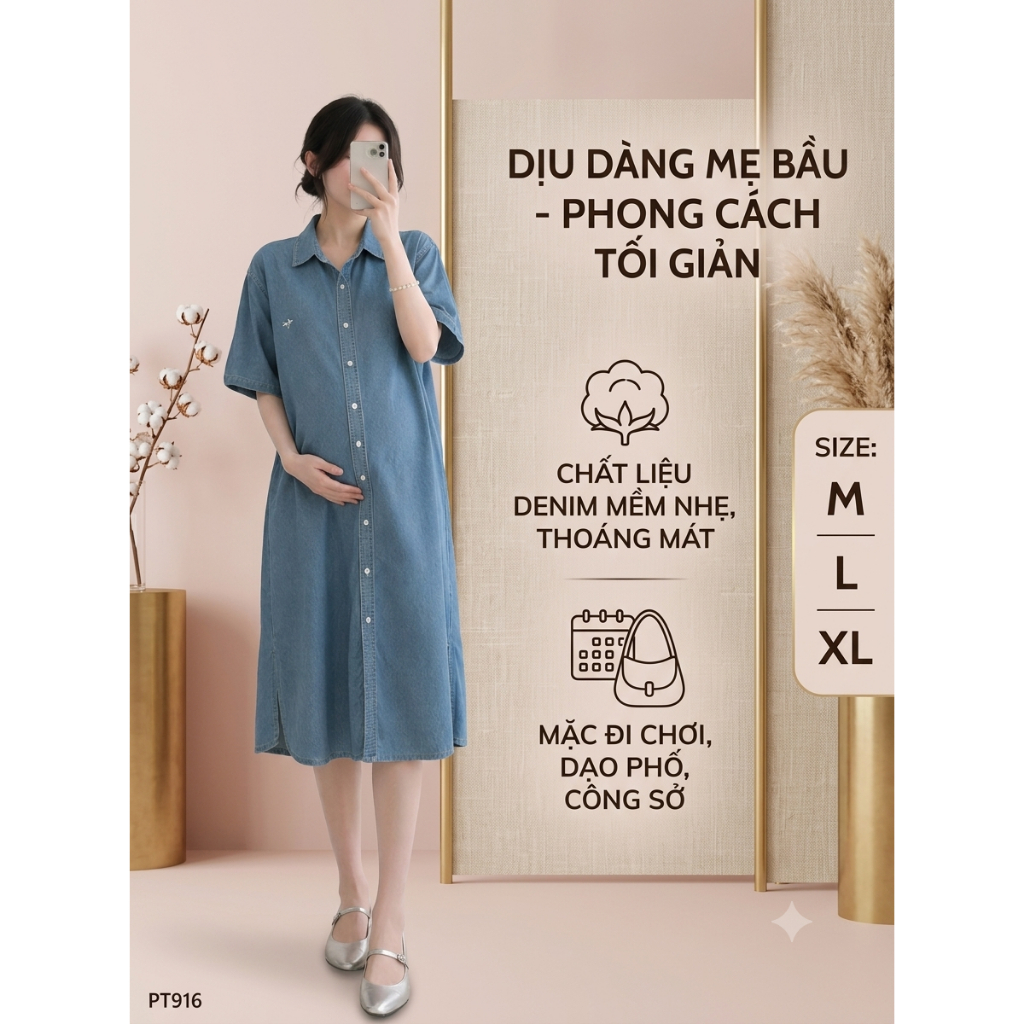 Đầm bầu công sở, đầm Jean sơ mi chất mềm mát, kiểu dáng trẻ trung và năng động cho mẹ bầu PT916