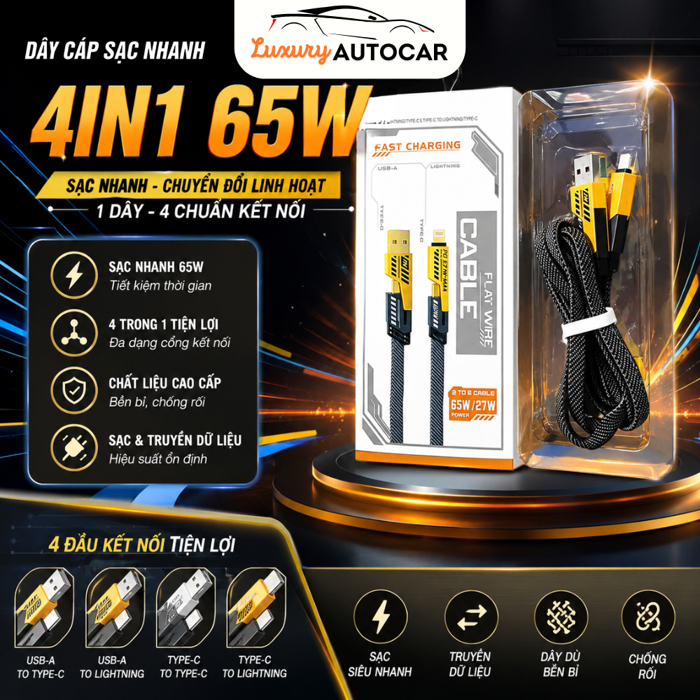 Dây Cáp Sạc Nhanh 4in1 65W USB to Type-C/Lightning, Type-C to Type-C, Type-C to Lightning, Hỗ Trợ Sạ