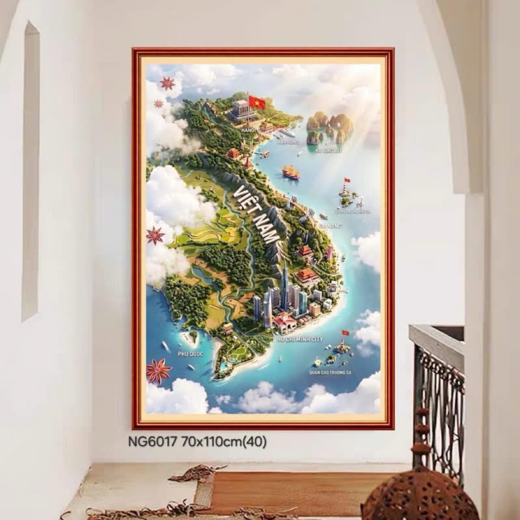 Có Sẵn Tranh thêu kín Bản đồ VN 70x110 11CT