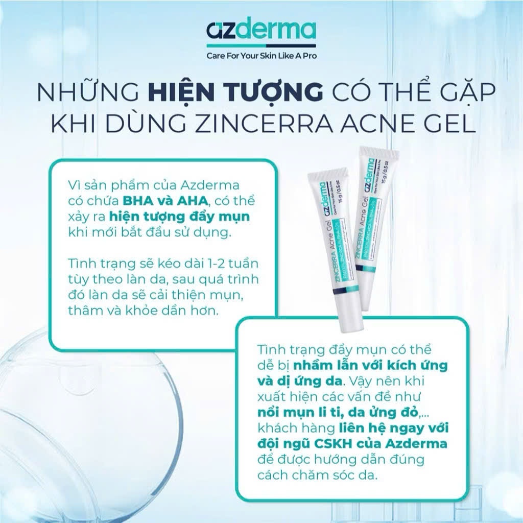 Gel hỗ trợ giảm mụn sưng viêm Azderma Zincerra Acne Gel 15g
