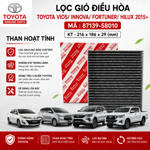 Lọc Gió Điều Hòa Toyota Vios -14, Innova/ Fortuner/ Corolla Cross/ Hilux 16-25, Hiace/ Altis 19+, Al