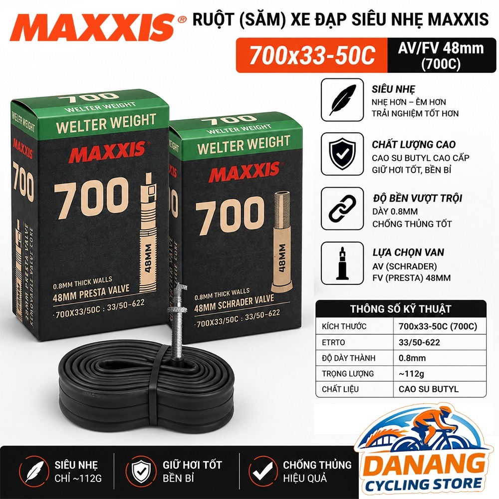 Ruột (Săm) Xe Đạp MAXXIS Welter Weight 700x33-50C – Van Mỹ (AV) / Van Pháp (FV) 48mm – Siêu Nhẹ, Chính Hãng