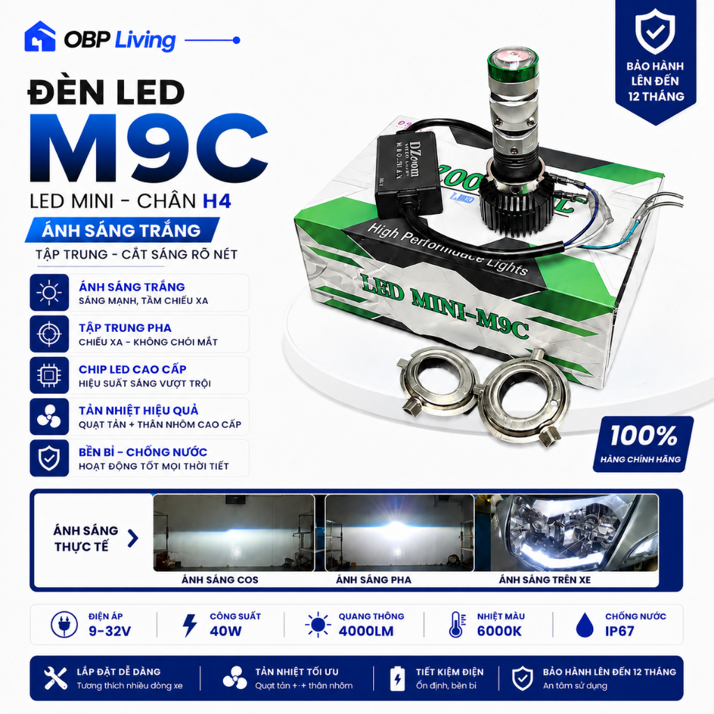 Bi Cầu LED cho xe Dream M9C DZOOM-R02 45W Chân M5 Siêu Sáng Cos Cắt Nét Pha Gom Xa Quạt Tản Nhiệt