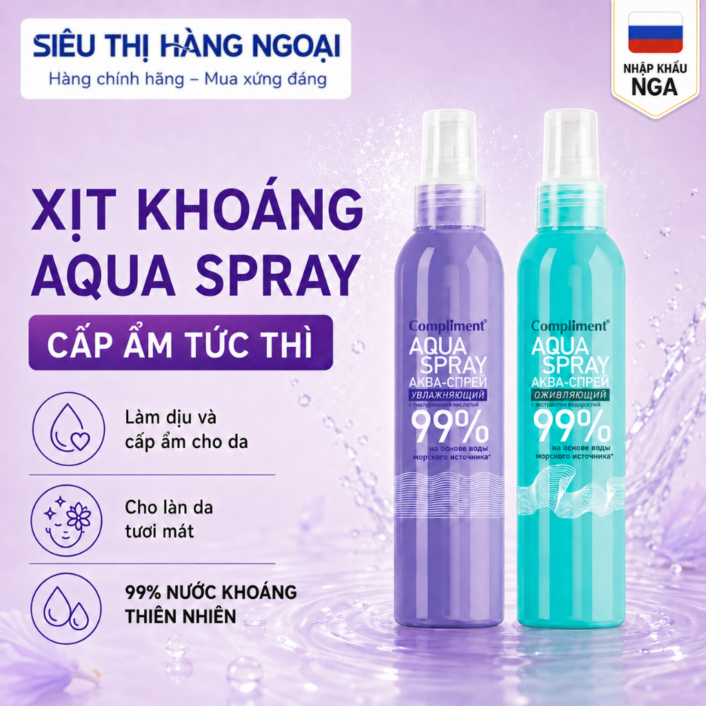 XXịt khoáng Compliment Aqua Spray thành phần tự nhiên HA, tảo bẹ giúp cấp ẩm, làm mát, dịu da 200ml