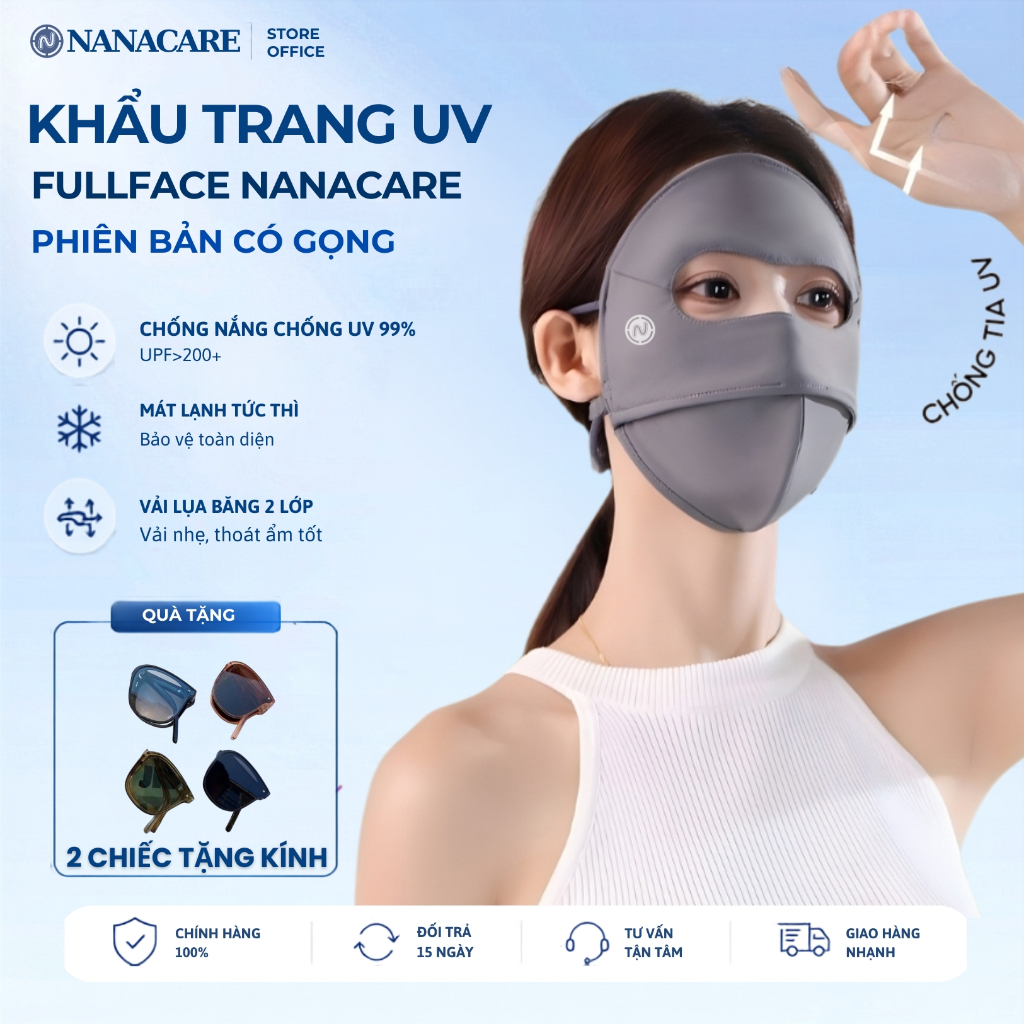 Khẩu trang Toàn Mặt Nanacare UPF200+, Chống Nắng Chống UV 2 lớp Có Gọng thiết kế 3D mát lạnh, chống 