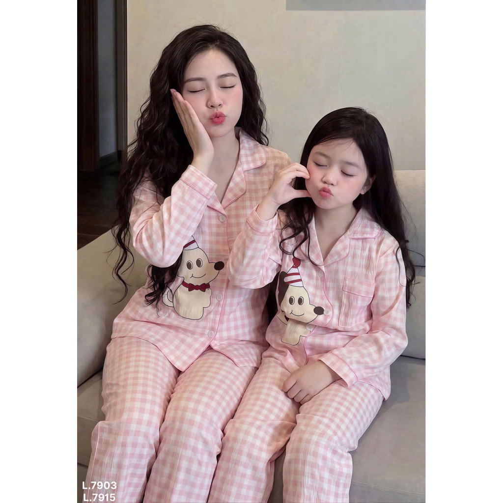 Bộ ngủ , bộ pijama kẻ hình cún mẹ con - 3 màu
