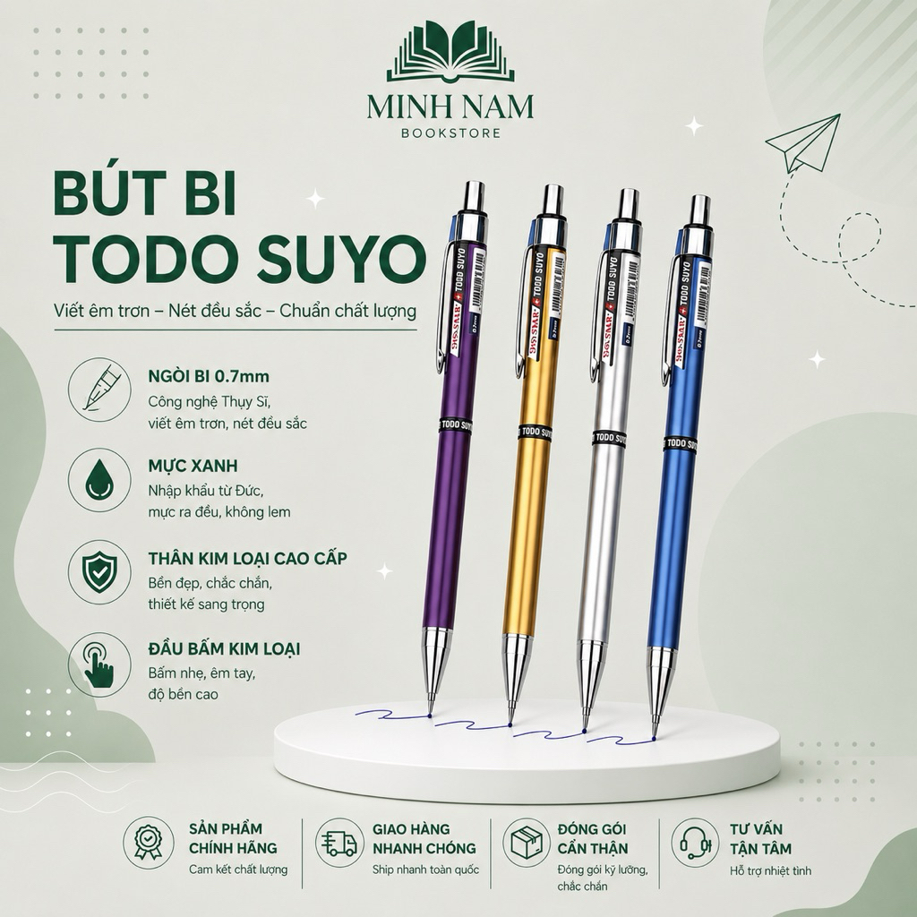 (Hộp 12 cây) Viết Bi Bấm / Bút Bi Bấm Todo Suyo Ngòi Bi 0.7mm Thụy Sĩ, Mực Xanh Của Đức, Mực Đều, Vi