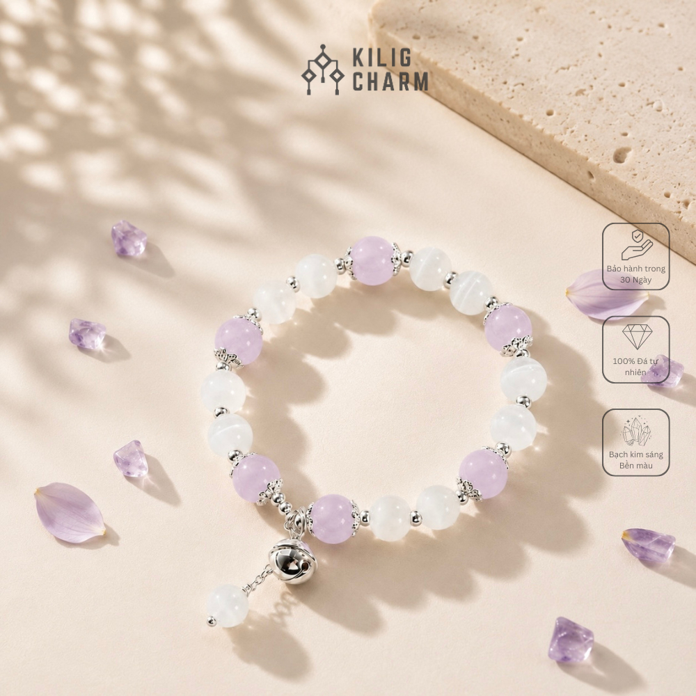 Vòng tay năng lượng Đá Mắt Mèo mix Thạch Anh Tím, lắc tay nữ charm chuông bạc may mắn KILIG CHARM KC