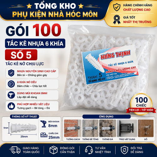 Gói 100 Tắc Kê Nhựa 6 Khía Số 5 – Dùng Mũi Khoan 8mm – Tắc Kê Nở Chịu Lực