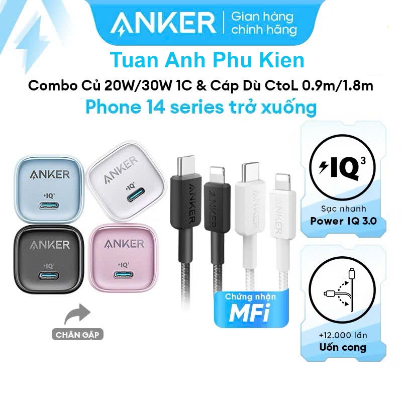 Bộ sạc nhanh 20W 30W PD ANKER Type C to Lighting cho IP MFI - A8632 A8633 Dài 0.9 1.8M   Đen Trắng A