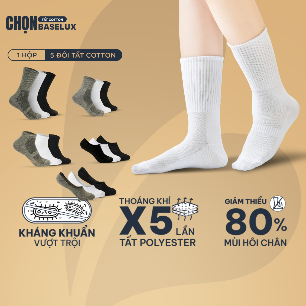 Tất nam cổ cao BaseLux tất cotton thoáng khí chống hôi chân, tất nữ mềm mại co…