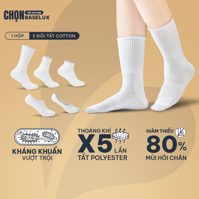 Tất trắng BaseLux Tất cotton mềm mịn Tất cổ cao kháng khuẩn Tất nam cổ ngắn basic dễ phối đồ Vớ trắng cổ cao Hàn Quốc