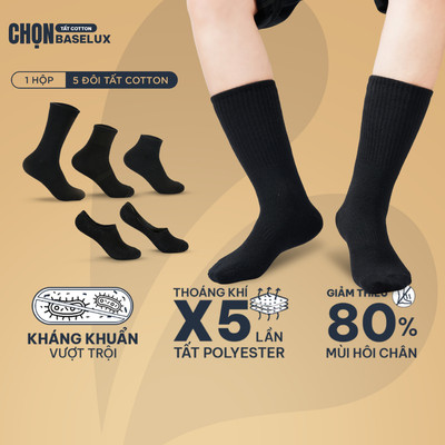 Tất đen BaseLux Tất cotton mềm mại Tất cổ ngắn kháng khuẩn chống hôi chân Tất đen dài co giãn Vớ nam basic dễ phối đồ