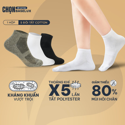 Tất nam cổ ngắn BaseLux tất cotton mềm mịn, tất nữ cổ ngắn thoáng khí, vớ nam basic unisex phong cách Hàn Quốc