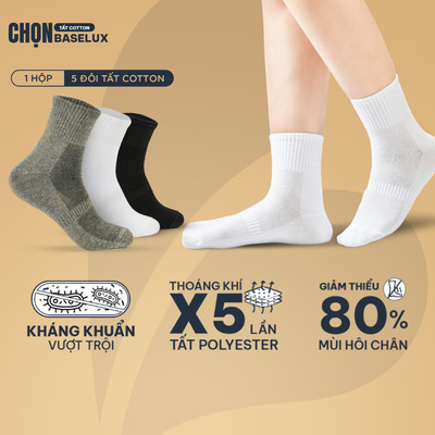 Tất nam cổ trung BaseLux tất cotton co giãn, vớ nữ mềm mại thoáng mát, tất đá bóng kháng khuẩn chống hôi chân