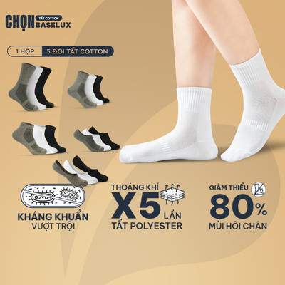 Vớ nam cổ trung BaseLux vớ cổ cao dày dặn co giãn bốn chiều, Vớ cotton kháng khuẩn khử mùi hôi, tất trắng cao cổ basic