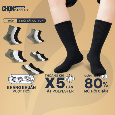 Tất trắng cổ cao BaseLux tất nam cổ trung chất cotton kháng khuẩn khử mùi hôi, vớ trắng dáng trơn phong cách hiện đại