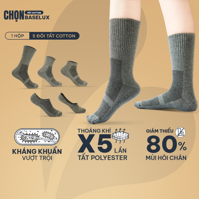 Tất cao cổ BaseLux Tất cotton thoáng mát Tất nam cổ ngắn kháng khuẩn khử mùi Tất lười nam mềm mại Tất nam cổ trung basic