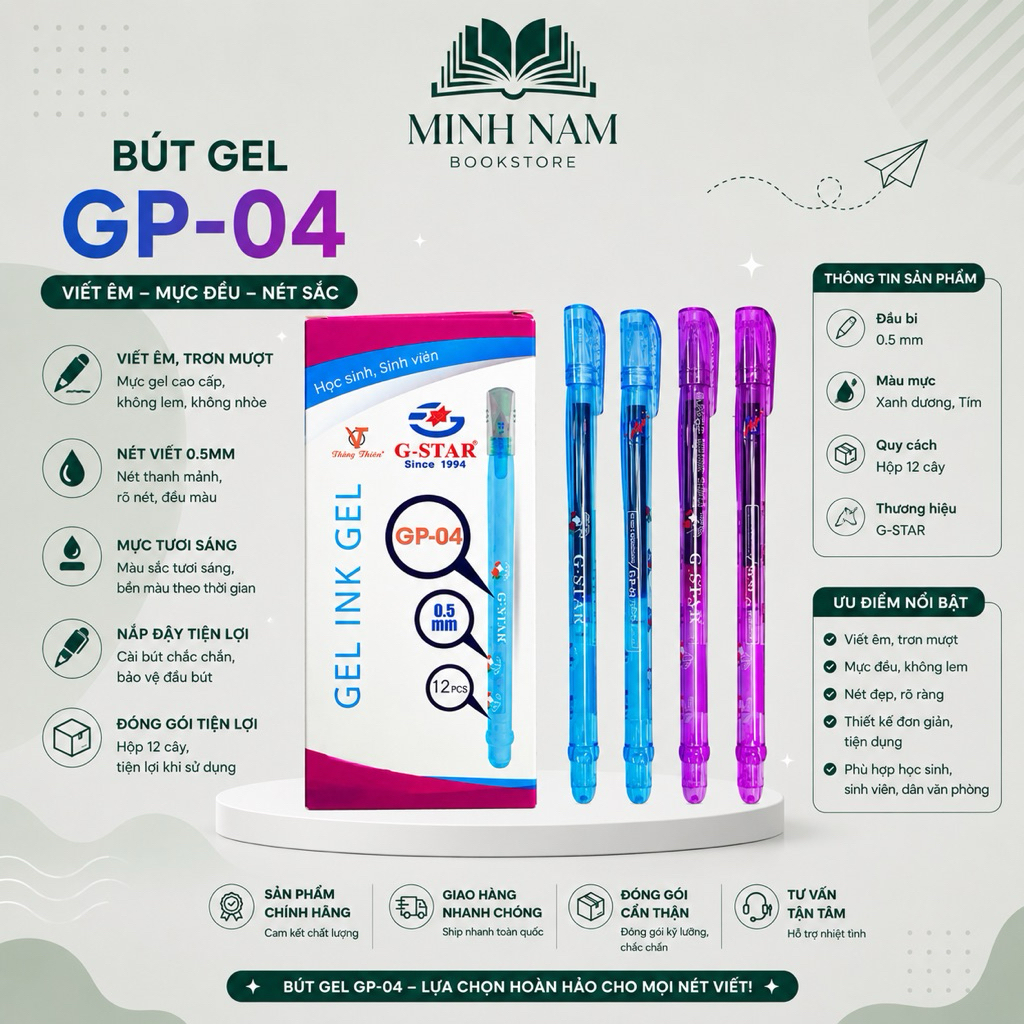 (Combo 5 cây) Bút gel nước Gstar GP-04 / GP04 0.5mm (Mực xanh, đỏ, đen, tím)