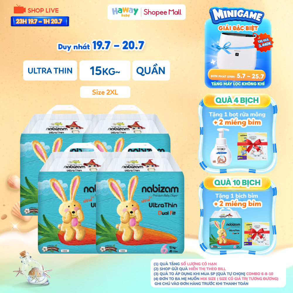 Combo 4 Tã Bỉm Quần Nabizam Ultra Thin 2XL22 Chính Hãng Hàn Quốc, 15-20kg, 22 Miếng Thấm Hút Vượt Tr