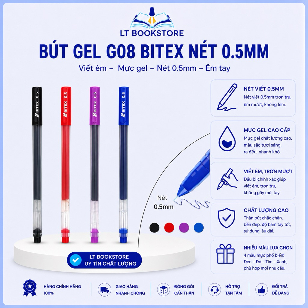 Combo 10 Bút gel G08 Bitex mực xanh/đỏ/đen/tím, nét 0.5mm, Viết êm trơn, mực ra đều - LT BookStore