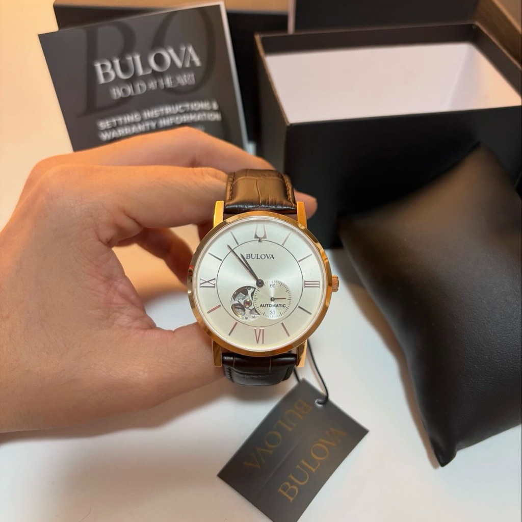 Đồng hồ nam dây da Bulova Automatic Open Heart 97A150