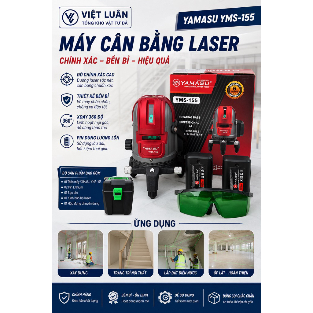 Máy laser cân bằng 5 tia xanh YAMASU YMS-155 4 tia đứng, 1 tia ngang, 1 tia dọi tâm